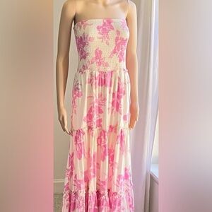 Abel the Label Pink and Cream Floral Strapless Maxi Dress Medium